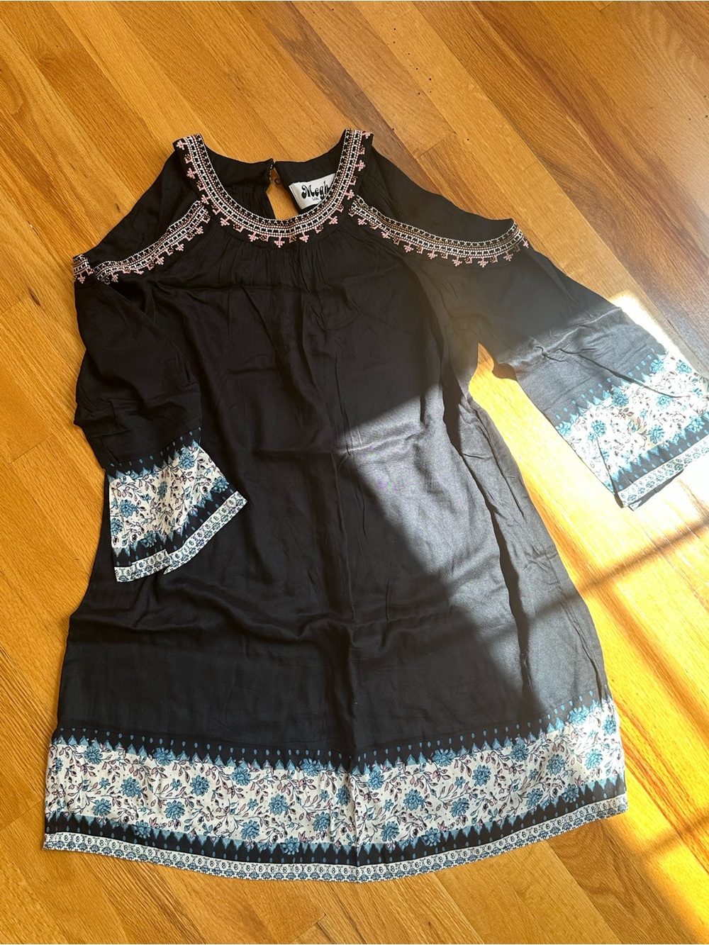 Women’s Black Cold-Shoulder Boho Dress with Blue Floral Trim